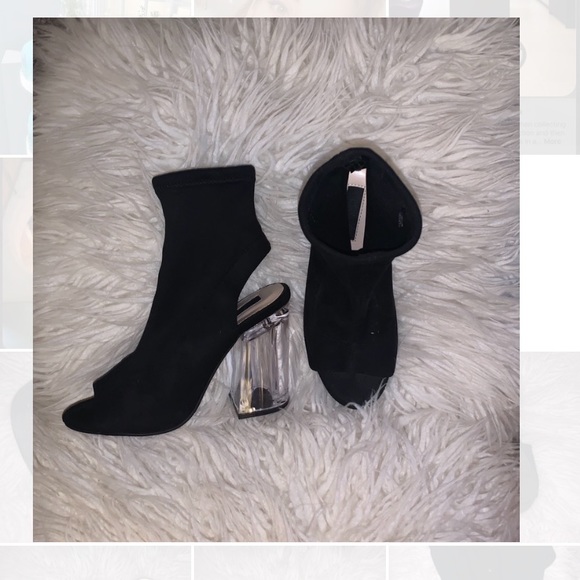 Peep Toe Booties w Clear chunky heel in Black - Picture 2 of 4